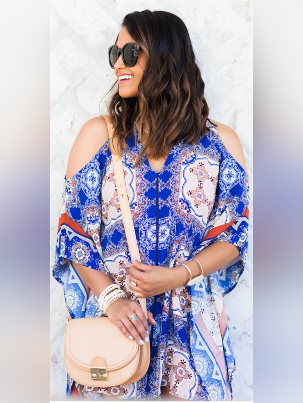ASTR THE LABEL Dark Blue Tile Print Patterned V Neck Dress Kaftan Style Size M